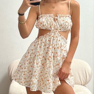 White and Orange Floral Print Mini Dress